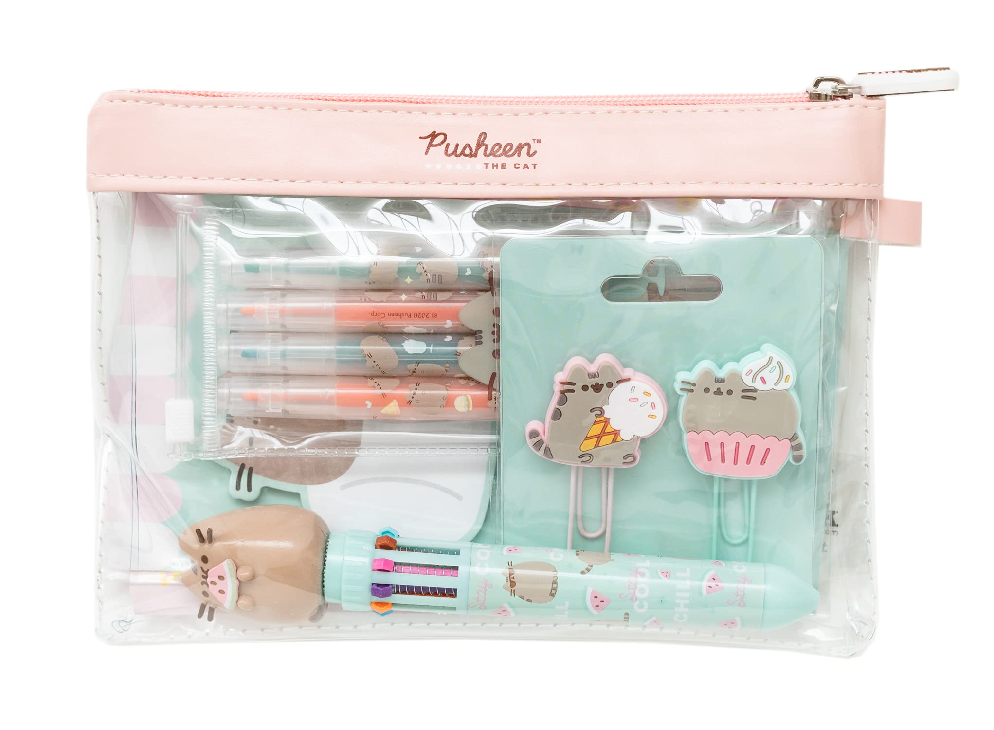 Pusheen Stationery Set - Pusheen Pencil Case with Pen, Highlighter Set, Self Adhesive Notes, Paper Clips - Pusheen Foodie Collection