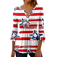 4th of July Shirts,4th of July Shirts for Women Independence Day Star Stripes Print Tops Casual Bell 3/4 Sleeve Button V Neck Blouse 3/4 Length Sleeve Womens Tops Plus Size