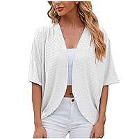 Summer Eyelet Cardigans Women Open Front Casual Short Sleeve Vacation Shirts 2024 Loose Fit Polka Dots Textured Tees