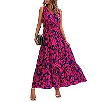 Floral Dress for Women Summer V Neck Beach Smocked Maxi Sundress Trendy Sleeveless Tiered Flowy Party Long Dress