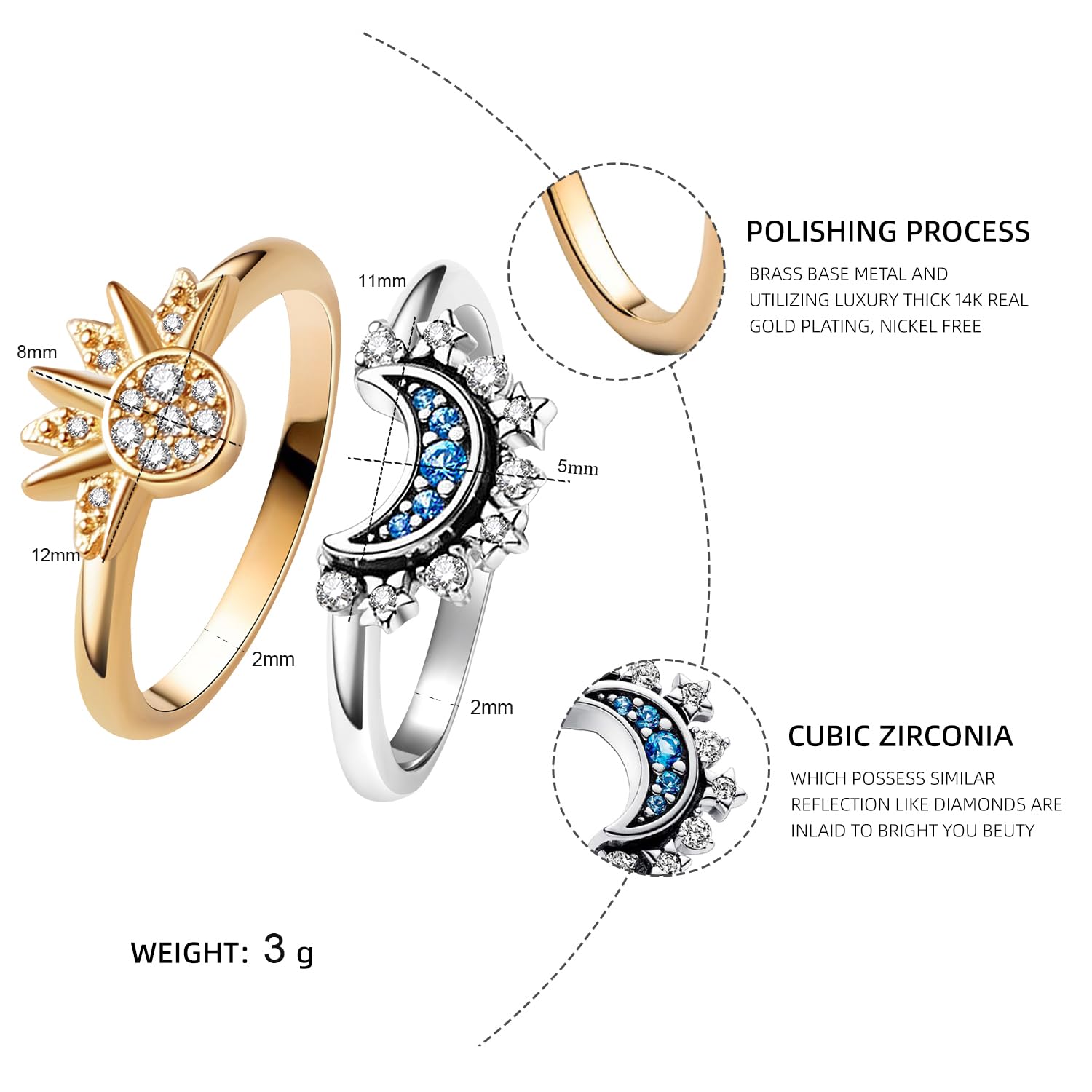 UNE DOUCE Celestial Sun and Moon Ring Set, Sparkling Sun Ring/Blue Moon Ring with 14k Gold/Silver Plating, Friendship Promise Ring, Stackable Celestial Rings, Gift for Women Girls