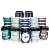 Disposable Coffee Cups with Lids 12 oz, 50 Pack Double-Walled Paper Coffee Cups with Fun Designs, Insulated Hot Beverage Paper Cups for Cold & Hot Drinks