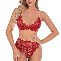 Women's Sexy 2 Piece Lingerie, Heart Ring Bra and Panty Set Solid Hollow Strappy Lingerie Naughty Underwear Nighty