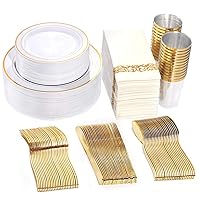 350 Pieces White and Gold Plastic Plates - 50 Guest Disposable Dinnerware Set Include 100 Plates, 50 Gold Plastic Silverware, 50 Gold Napkins and 50 Gold Rim Cups for Party&Wedding