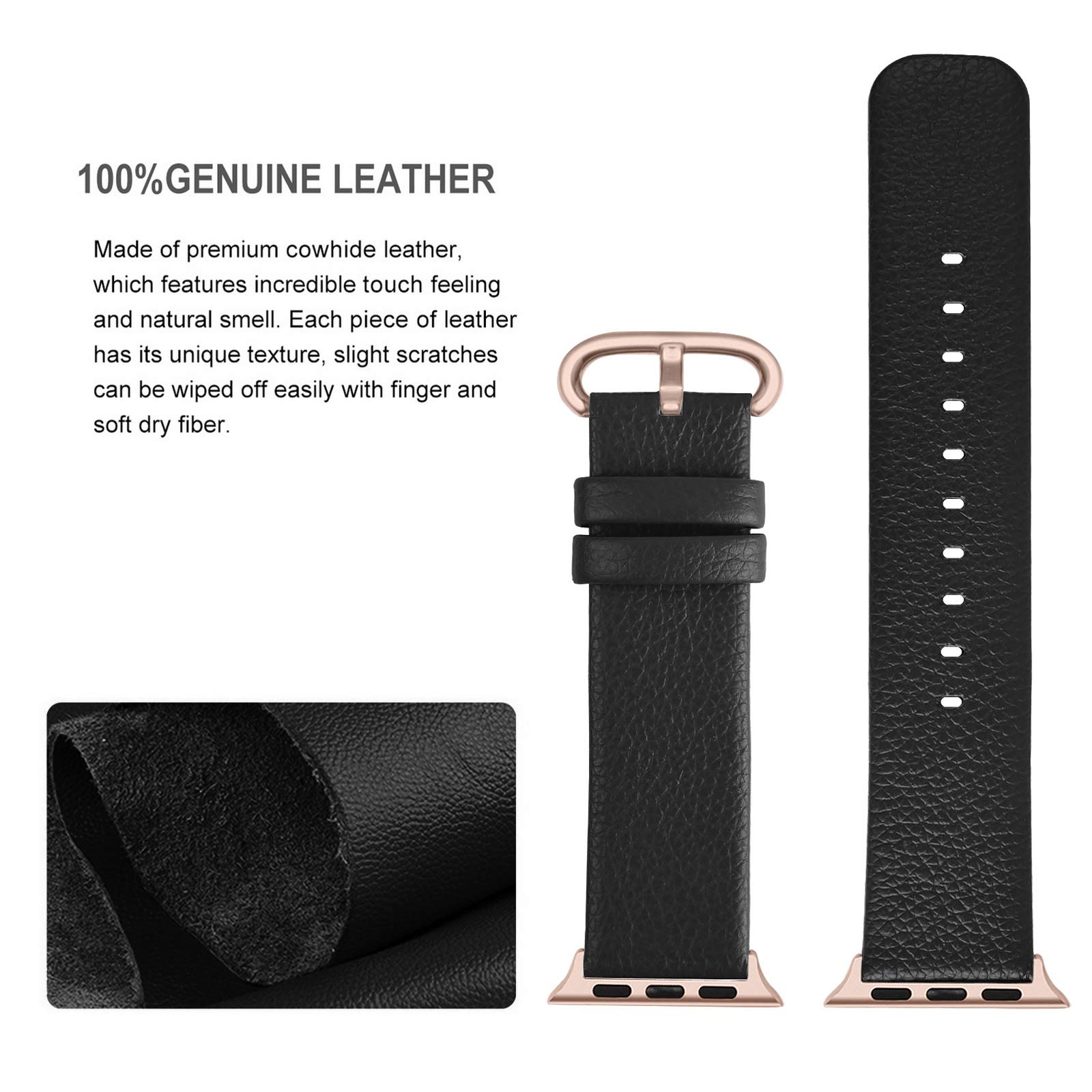 Fullmosa Leather Band Compatible with Apple Watch 38mm 40mm 41mm 42mm 44mm 45mm Women Band Strap with Rose Gold Buckle for iWatch SE2/SE/Ultra 49mm/8/7/6/5/4/3/2/1, 42mm 44mm 45mm Black