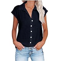 Women Summer Button Down Tops Loose Lightweight Sleeveless Blouses Cozy Linen T-Shirt Solid Casual Lapel Shirts