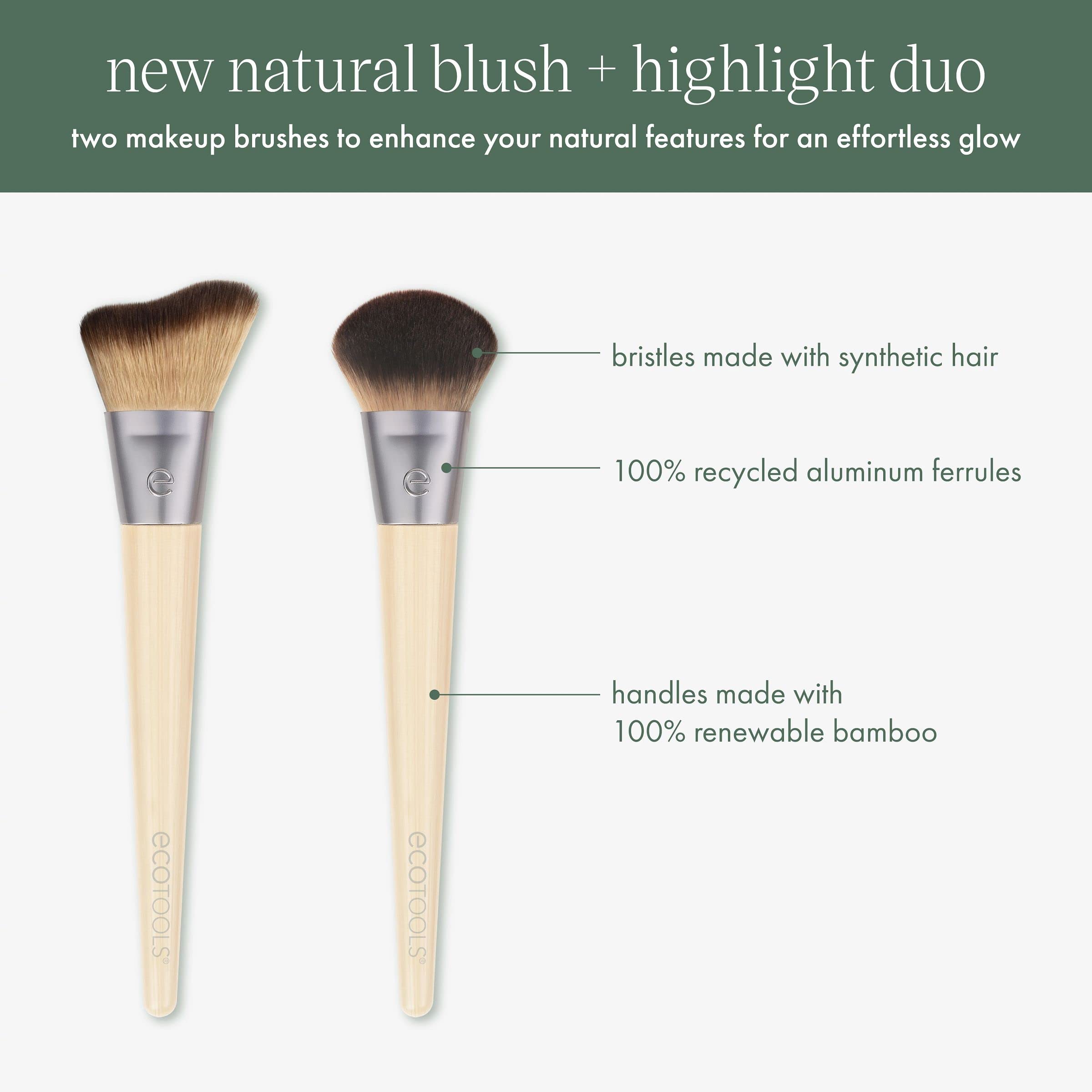 EcoTools New Natural Blush & Highlight Duo, Face Makeup Brushes For Powder Makeup, Dense, Synthetic Bristles For Enhancing Skin, Vegan & Cruelty-Free, 2 Count