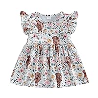 Toddler Baby Girl Western Dress Cow Print Ruffle Sleeve Dress Highland A-line One Piece Dresses Cowgirl Summer Outfit