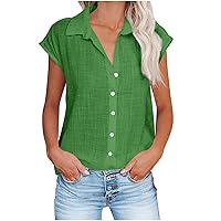 Women's Fashion Tops Solid Short Sleeve V Neck T Shirt Loose Button Cotton and Linen Tunic Casual Blouse
