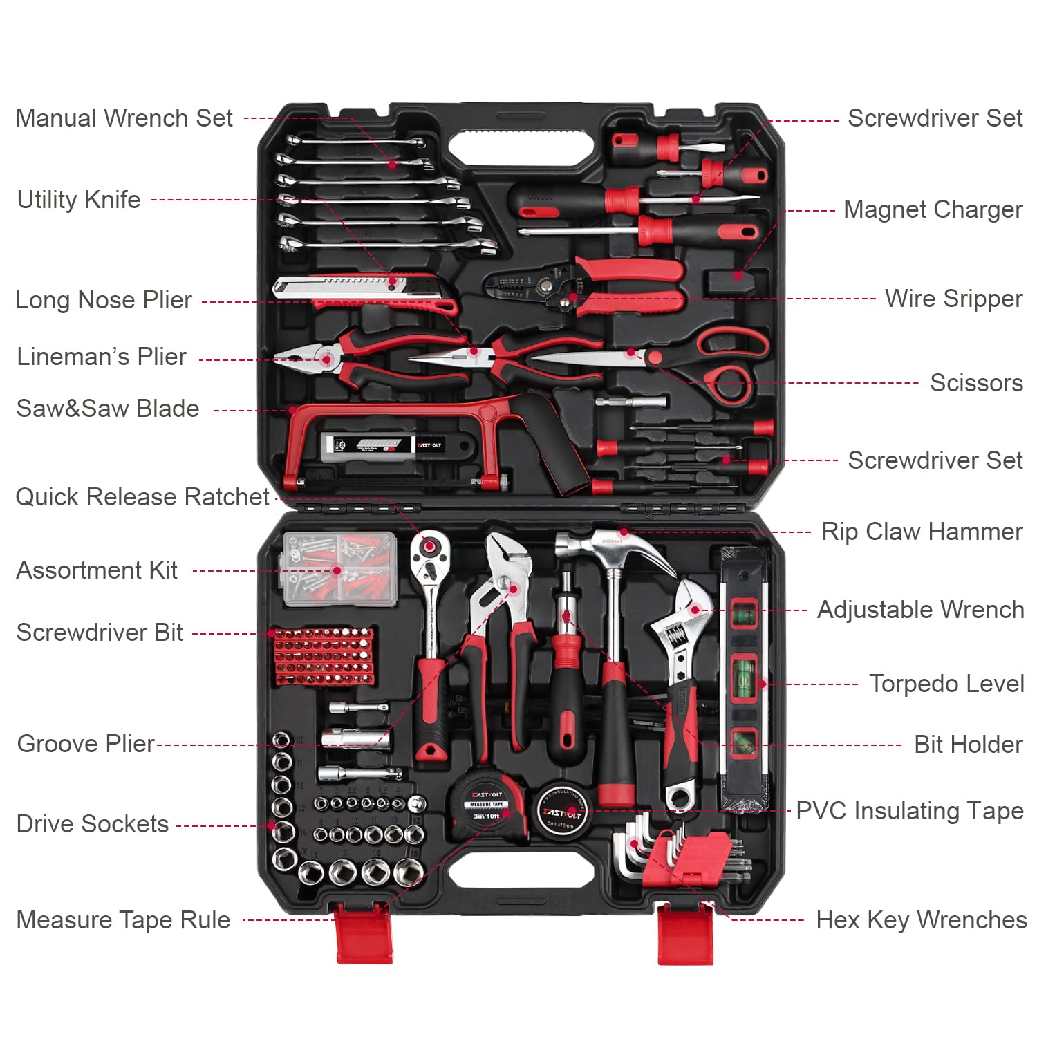 Eastvolt 218-Piece Household Tool Kit, Auto Repair Tool Set, Tool Kits for Homeowner, Plier, Screwdriver Set, Socket Kit and Toolbox Storage Case,Black + Red