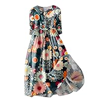 Women Retro Boho Floral Print Cotton Linen Dress Lapel Button 3/4 Sleeve Casual Midi Shirt Dresses Summer Pleated Dress