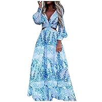 Women's Cute Dresses Print V-Neck Sleeves Puff Sleeve Dress Printed Long-Sleeve Elegant Dress Summer Clothes
