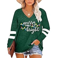 Christmas Plus Size Long Sleeve Shirt Women Merry Christmas Tree T-Shirt Merry and Bright Tops Xmas Tees Blouse