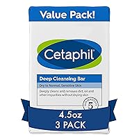 Cetaphil Bar Soap, Deep Cleansing Face and Body Bar, Pack of 3, For Dry to Normal, Sensitive Skin, Soap Free, Hypoallergenic, Paraben Free, Removes Makeup, Dirt and Oil