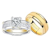 Wedding Ring Sets for him and her Women Sterling Silver CZ His Men Titanium Wedding Band Couples Yellow Gold Size 5-12