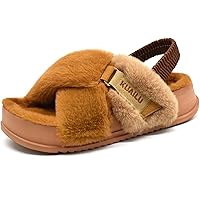 KuaiLu Womens Fuzzy Cross Band Platform Slippers with Back Strap Arch Support Furry Faux Fur Ladies Open Toe Slingback Slide Slippers Cozy Soft Plush Fleece Comfy House Shoe Sandals for Indoor Outdoor
