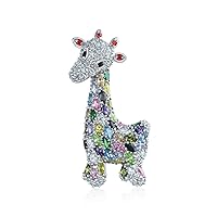 Giraffe Zoo Animal Brooch Pin For Women CZ Colorful Pave Cubic Zirconia Silver Tone Rhodium Plated