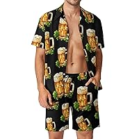 Beer Drinking St. Patricks Clover Men's 2 Piece Beach Outfits Hawaiian Button Down Short Sleeve Shirt And Shorts Suits