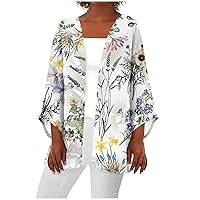 Womens Floral Print 3/4 Sleeve Kimono Cardigan Swimsuit Coverups 2024 Summer Beach Casual Loose Cover Up Cardigan