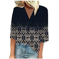 Tops for Women 3/4 Sleeve V Neck Shirts Women Loose Fit Casual Flowy Tunic Shirt Floral Blouses Vintage Graphic Tee