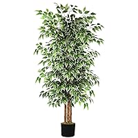 GTIDEA 6ft Artificial Tree Ficus, Tall Faux Trees Indoor with Natural Trunk and Fake Silk Tree Fake Plants for Spring Home Decor Living Room Outdoor Balcony House Office (Included Dried Moss)