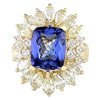 6.33 Carat Natural Blue Tanzanite and Diamond (F-G Color, VS1-VS2 Clarity) 14K Yellow Gold Luxury Cocktail Ring for Women Exclusively Handcrafted in USA