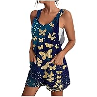 Women's Boho Rompers 2024 Summer Crewneck Casual Sleeveless One Piece Jumpsuit Fashion Outfits Clothes with Pockets