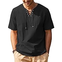 COOFANDY Men Casual Cotton Linen T Shirt Short Sleeve Beach Lace Up Hippie Shirt Yoga Renaissance Tunic