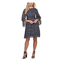 DKNY Womens Navy Ruffled Zippered Cinched Waist Polka Dot Balloon Sleeve Crew Neck Above The Knee Party Fit + Flare Dress 14