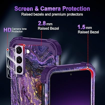 Miqala for Galaxy S22 5G Case with 2 Pack Camera Lens Protector,Glow in The Dark Three Layer Shockproof Heavy Duty Protective Case for Samsung Galaxy S22 5G 6.1 inch,Deep Purple