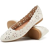 Women's Ballet Flats Black PU Leather Dress Shoes Comfortable Round Toe Slip on Flats with Floral Eyelets