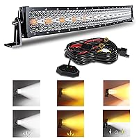 32 Inch 180W Curved LED Light Bar White/Amber Flasing Strobe Light with Six Modes Driving Fog Lights Spot Flood Combo Bumper Lights with Switch Wiring Harness for Offroad Truck 4WD SUV ATV UTV