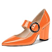 WAYDERNS Women's Pointed Toe Wedding Mary Jane Dress Adjustable Strap Circle Buckle Patent Solid Block High Heel Pumps Shoes 3.3 Inch