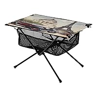 Vintage Travel Car Paris Folding Camping Table Portable Beach Table with Carry Bag Small Camp Table for Camping Picnic BBQ Backpacking Beach