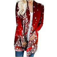 Women Christmas Tree 3D Printed Open Front Long Knitted Cardigan Sweater Lightweight Long Sleeve Xmas Holiday Coats