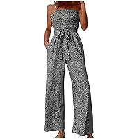 Women's Strapless Jumpsuits Tube Top Shirred Long Pants Smocked Wide Leg Rompers Boho Floral Outfits Trendy Romper