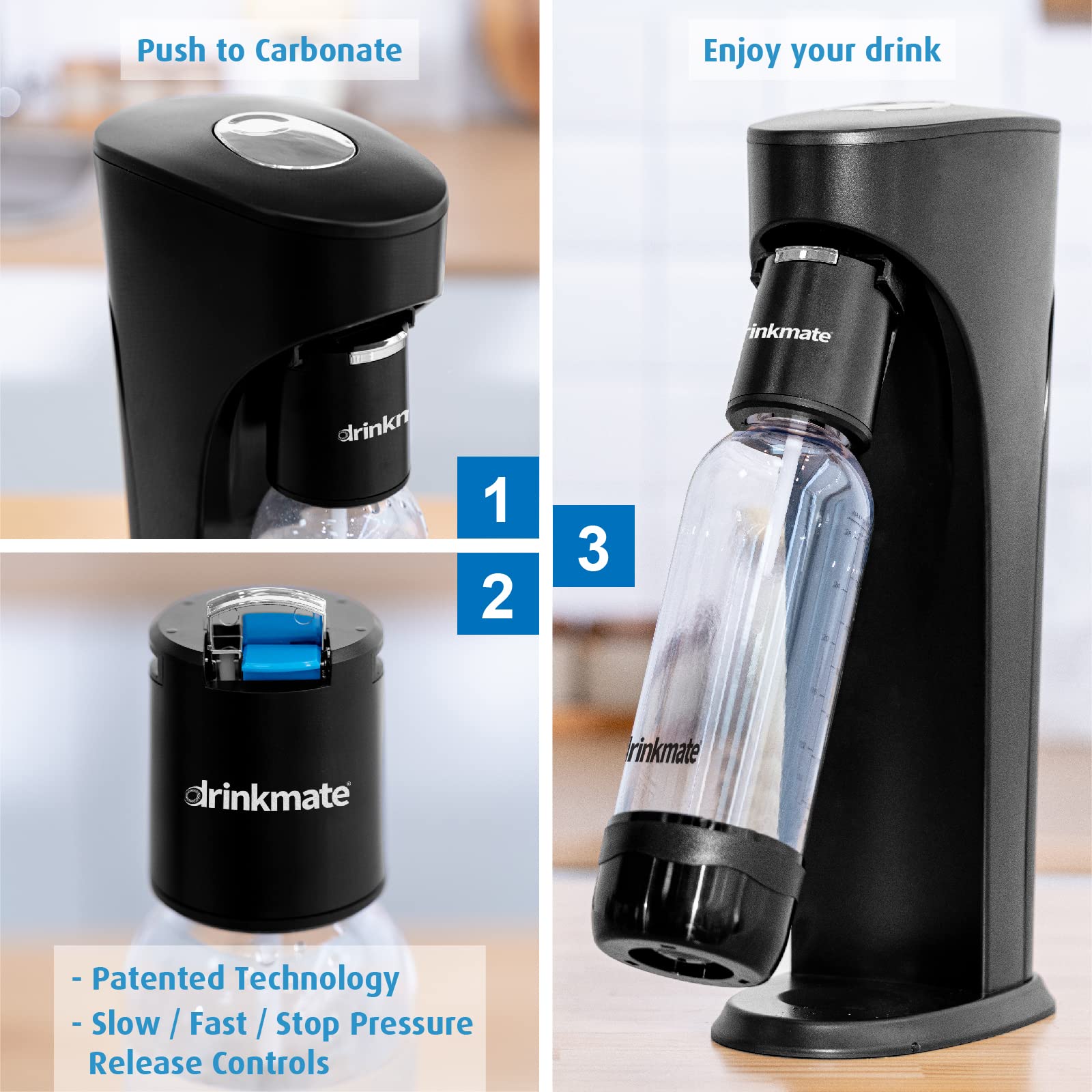 DrinkMate OmniFizz Sparkling Water and Soda Maker, Carbonates Any Drink, with 3 oz CO2 Test Cylinder (Matte Black)
