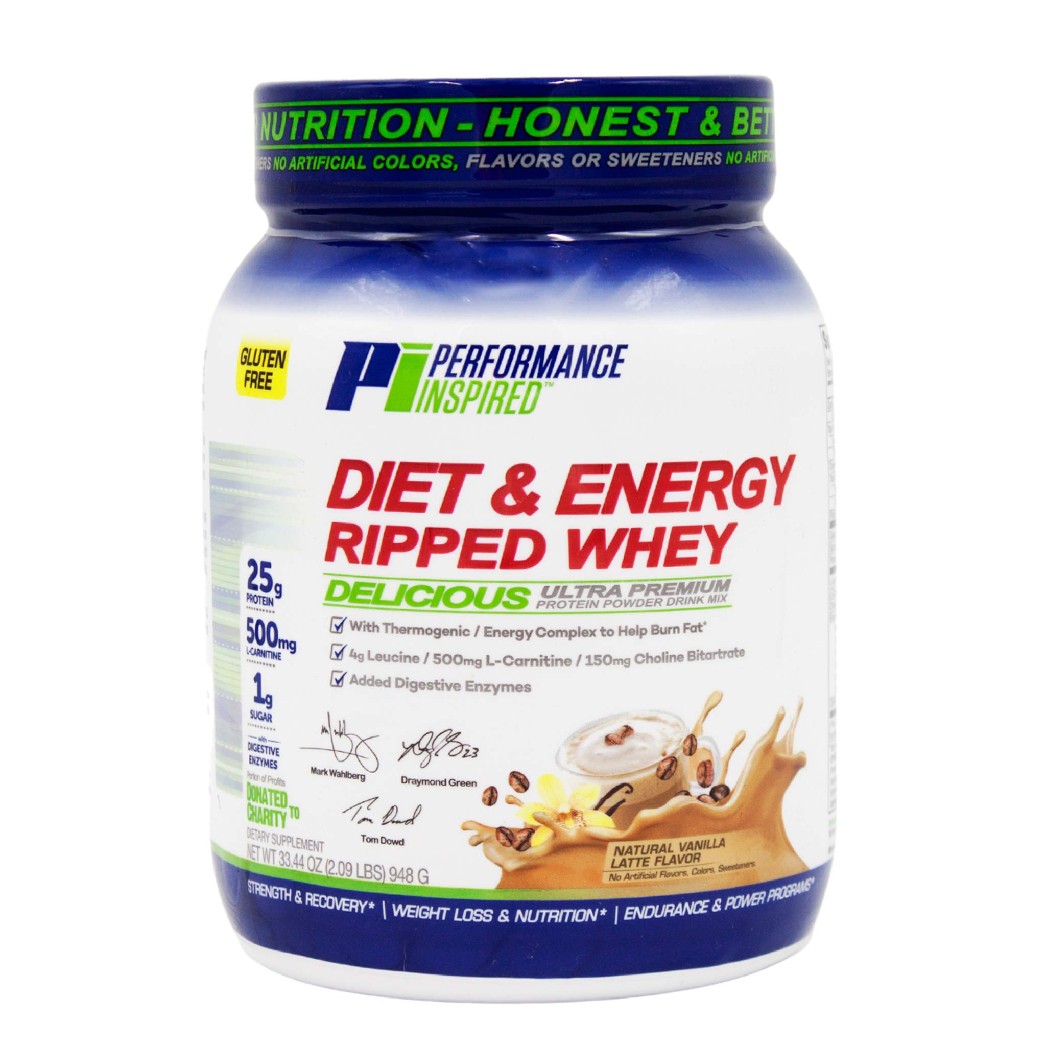 Performance Inspired Diet & Energy Whey Protein - 25G of Clean Protein - Powerful Formula with Added 500mgs of L-Carnitine – Leucine – Digestive Enzymes – Choline - G-Free – 1g Sugar - Vanilla Latte