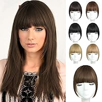 AISI QUEENS Clip in Bangs 100% Human Hair Extensions Brown Black Clip on Fringe Bangs with nice net Natural Flat neat Bangs with Temples for women One Piece Hairpiece (French Bangs, Light Brown)