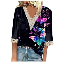 Womens Summer Tops 3/4 Sleeve V Neck Loosefit Tops for Women Cute Floral Printed T-Shirts Basic Graphic Tee Blouse