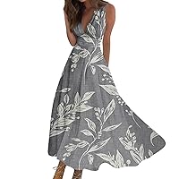 Summer Dresses for Women 2024 Sleeveless Sundresses Flowy Floral Print Maxi Dress Wrap V Neck Elegant Beach Dress