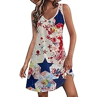 Red Blue Dress 4th of July Dress Women 2024 American Print Vintage Fashion Casual with Sleeveless Round Neck Sundresses Khaki X-Large