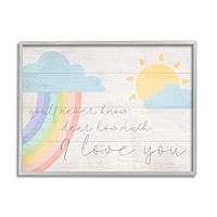 Stupell Industries How Much I Love You Rainbow Clouds and Sun on Planks, Design by Daphne Polselli Gray Framed Wall Art, 11 x 14, Off- White