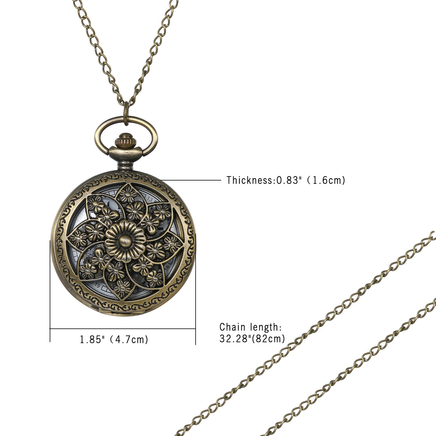 JewelryWe Retro Bronze Flower Openwork Cover Quartz Pocket Watch with 32.3 Inch Chain, for Xmas