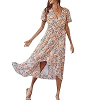 Women's Summer Casual Boho Dress Floral Print Ruffle Puff Sleeve V Neck High Waist Maxi Beach Dresses