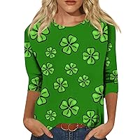 St Patricks Day Shirt Women,3/4 Sleeve Tops for Women Green Irish Shamrock Print Round Neck Blouse Going Out Tops for Women