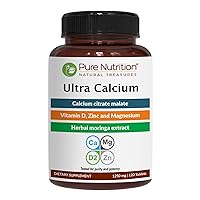 Pure Nutrition Ultra Calcium Citrate 1250 mg | Highly absorbable Calcium Supplement with Calcium Citrate Malate, Vitamin D, Magnesium and Zinc | 1 Tab Daily | Non-GMO | Gluten-Free | 120 Veg Tabs