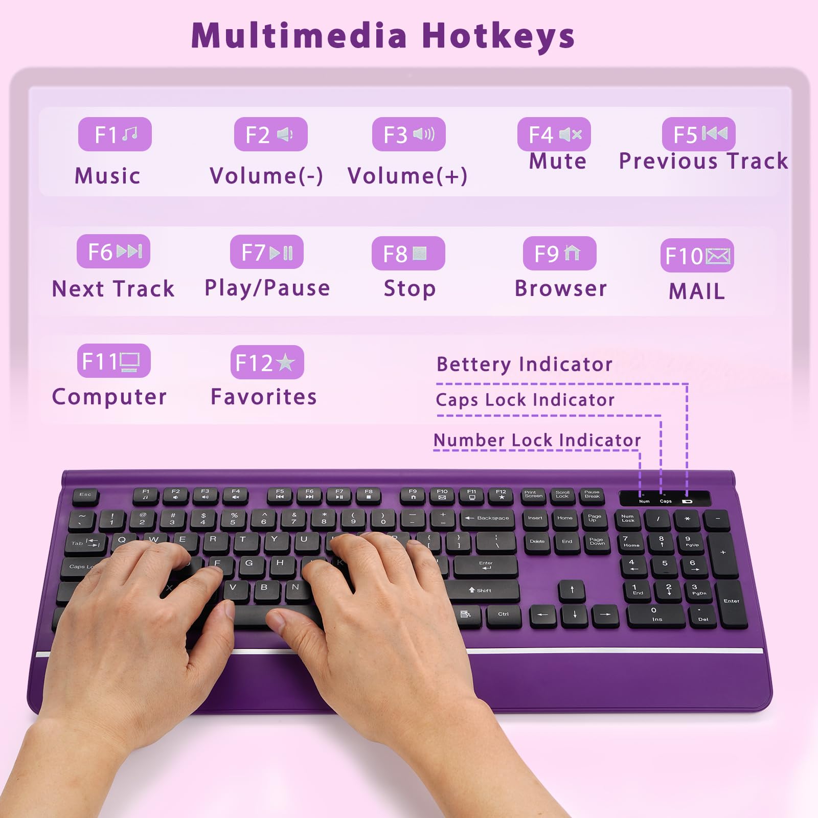 Wireless Keyboard and Mouse, KOPJIPPOM Purple Keyboard and Mouse with Wrist Rest, 2.4G Silent Cordless Full-Size Keyboard Mouse Combo for Windows Computers Desktop, Laptop, PC