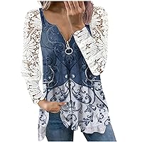 YZHM Women's Tunic Tops Lace Long Sleeve Shirts Zip V Neck Floral Print Blouses Hide Belly Flowy Tops Loose Fit Tshirts