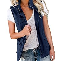 Fall Jacket Vest for Women Daily Regular Fit Breathable Casual Jacket Sleeveless Solid Color Pockets Zipper Tanks Top Vest Vintage Button Down Jacket Women Long with Pocket Navy XXXL